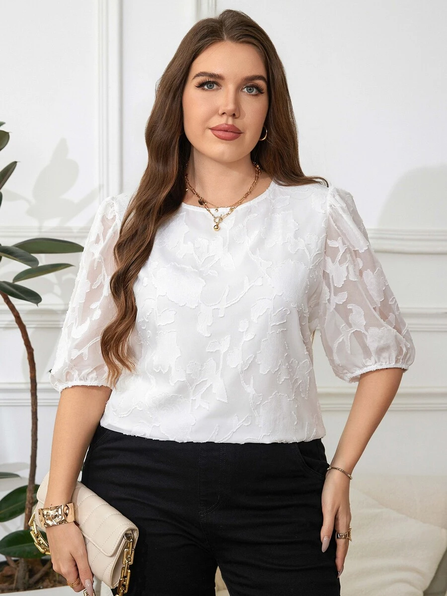 Reflora Plus Size Elegant White Summer Top For Women,Formal Solid Color Cutout Round Neck Loose Office Business Work Blouse,Old Money Style Tops