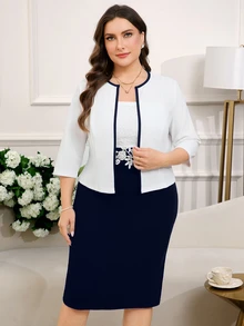Reflora 2pcs Set Gaun dan Jaket Wanita Ukuran Plus dengan Renda Kontras Elegan Motif Langit untuk Pakaian Musim Gugur, Pernikahan, Acara Formal, Koktail, Warna Biru Tua dan Putih - MultiWarna - View 9