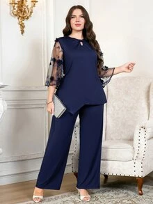 Reflora Plus Size Elegant Formal Party Wedding Guest Evening Wedding 3D Floral Decor Mesh Patchwork Top Pants 2 Pieces Set Navy Blue Autumn Fall - Blue - View 2