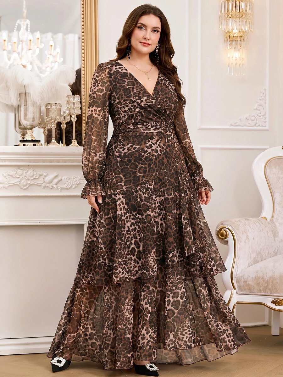 Reflora New Plus Size Women's Fashion Printed Ruffle Wave Hem High Elastic Cinched Waist Concealing Long Dress Autumn Pleated Leopard Print Brown