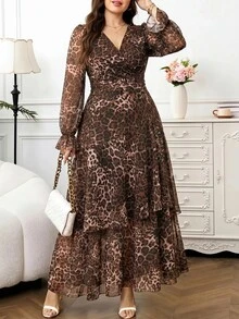 Reflora New Plus Size Women's Fashion Printed Ruffle Wave Hem High Elastic Cinched Waist Concealing Long Dress Autumn Pleated Leopard Print Brown - Brown - View 5