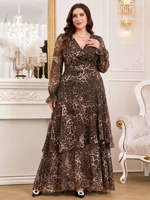 Reflora New Plus Size Women's Fashion Printed Ruffle Wave Hem High Elastic Cinched Waist Concealing Long Dress Autumn Pleated Leopard Print Brown - Brown - View 7