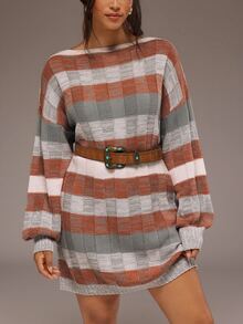 Freevana Vintage Plaid Plus Size Knit Sweater With Pockets, Mid-Length Lantern Sleeves, Cozy Fall-Winter - Multicolor - View 7