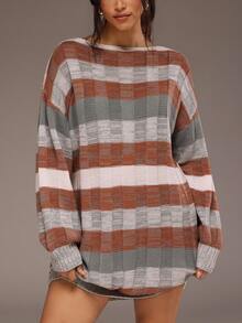 Freevana Vintage Plaid Plus Size Knit Sweater With Pockets, Mid-Length Lantern Sleeves, Cozy Fall-Winter - Multicolor - View 1