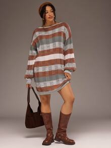 Freevana Vintage Plaid Plus Size Knit Sweater With Pockets, Mid-Length Lantern Sleeves, Cozy Fall-Winter - Multicolor - View 4