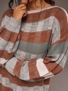 Freevana Vintage Plaid Plus Size Knit Sweater With Pockets, Mid-Length Lantern Sleeves, Cozy Fall-Winter - Multicolor - View 8