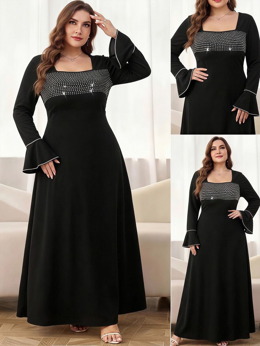 SHEIN Clasi Plus Size Women Rhinestone Embellished Casual Daily Summer Dress - Black - View 1