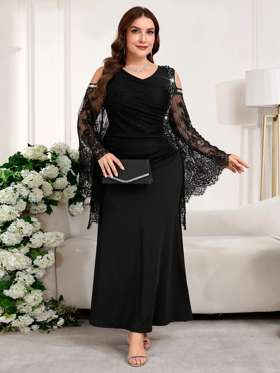 Reflora Plus Size Elegant Sexy Black Autumn Formal Cocktail Dinner Evening Dress Contrast Lace Off-Shoulder Fishtail Hem Gown Wedding Guest Party - Black - View 1