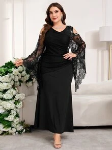 Reflora Plus Size Elegant Sexy Black Autumn Formal Cocktail Dinner Evening Dress Contrast Lace Off-Shoulder Fishtail Hem Gown Wedding Guest Party - Black - View 3