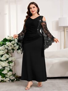 Reflora Plus Size Elegant Sexy Black Autumn Formal Cocktail Dinner Evening Dress Contrast Lace Off-Shoulder Fishtail Hem Gown Wedding Guest Party - Black - View 6