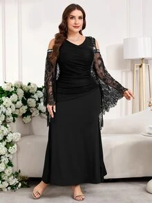 Reflora Plus Size Elegant Sexy Black Autumn Formal Cocktail Dinner Evening Dress Contrast Lace Off-Shoulder Fishtail Hem Gown Wedding Guest Party - Black - View 8