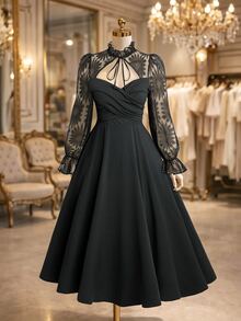 Reflora Plus Size Women's Elegant Contrast Lace Tie Neck Dress Fall Christmas Cocktail Formal Black - Black - View 8