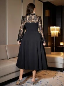 Reflora Plus Size Women's Elegant Contrast Lace Tie Neck Dress Fall Christmas Cocktail Formal Black - Black - View 3