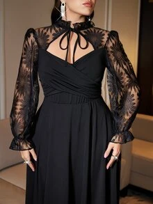 Reflora Plus Size Women's Elegant Contrast Lace Tie Neck Dress Fall Christmas Cocktail Formal Black - Black - View 2