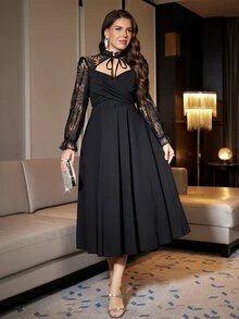 Reflora Plus Size Women's Elegant Contrast Lace Tie Neck Dress Fall Christmas Cocktail Formal Black - Black - View 5