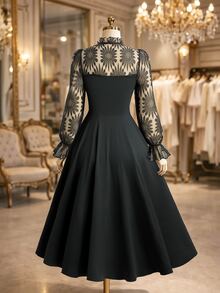 Reflora Plus Size Women's Elegant Contrast Lace Tie Neck Dress Fall Christmas Cocktail Formal Black - Black - View 9
