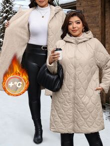 SHEIN Clasi 大尺碼冬季保暖內裡連帽夾克家居休閒外套 灰色 寬鬆休閒簡約風 適合居家、辦公與外出 - 杏色 - 查看 1