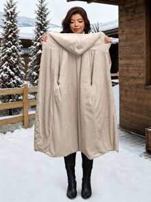 SHEIN Clasi 大尺碼冬季保暖內裡連帽夾克家居休閒外套 灰色 寬鬆休閒簡約風 適合居家、辦公與外出 - 杏色 - 查看 11