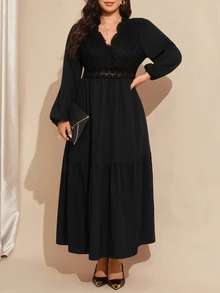 Comfylo Plus Size Elegant Commuter Solid Color Lace Patchwork Dress Brunch Dinner Party Black Autumn - Black - View 10