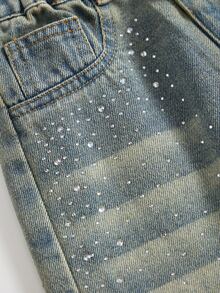 Elladie kids SHEIN Young Girls Fall Winter Asymmetric Waistband Rhinestone Decor Distressed Wash Relaxed Wide Leg Denim Jeans - Medium Wash - View 9