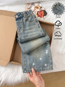 Elladie kids SHEIN Young Girls Fall Winter Asymmetric Waistband Rhinestone Decor Distressed Wash Relaxed Wide Leg Denim Jeans - Medium Wash - View 3