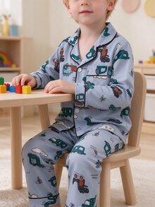 2pcs Young BoyCute Abstract Dinosaur Car Print Long Sleeve Collared Fall Autumn/Winter Cardigan And Pants Set, Casual Loose Loungewear Soft Cozy - Grey - View 3