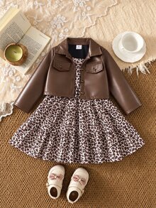 SHEIN 女童 2 件套 棕色純色領口長袖短版修身荷葉邊外套套裝，附荷葉邊與口袋，休閒秋冬款 - 棕色 - 查看 6
