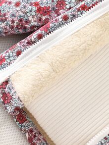 SHEIN Vintaside Kids 女嬰秋冬花卉連帽拉鍊外套，抓絨內裡加厚保暖外套，休閒日常穿著 - 酒紅色 - 查看 7