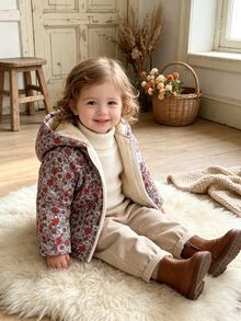SHEIN Vintaside Kids 女嬰秋冬花卉連帽拉鍊外套，抓絨內裡加厚保暖外套，休閒日常穿著 - 酒紅色 - 查看 8