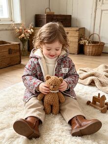 SHEIN Vintaside Kids 女嬰秋冬花卉連帽拉鍊外套，抓絨內裡加厚保暖外套，休閒日常穿著 - 酒紅色 - 查看 3