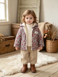 SHEIN Vintaside Kids 女嬰秋冬花卉連帽拉鍊外套，抓絨內裡加厚保暖外套，休閒日常穿著 - 酒紅色 - 查看 9
