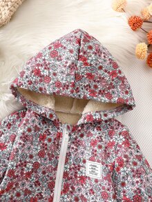 SHEIN Vintaside Kids 女嬰秋冬花卉連帽拉鍊外套，抓絨內裡加厚保暖外套，休閒日常穿著 - 酒紅色 - 查看 5