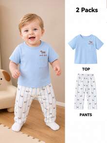 Vintaside Kids SHEIN Baby Boy Cute Cartoon Dog Print Tee And Pants Set Puppy T-Shirt Graphic Top & Trousers Infant Toddler Summer Casual Outfits - Blue and White - View 3