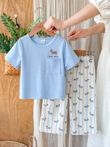 Vintaside Kids SHEIN Baby Boy Cute Cartoon Dog Print Tee And Pants Set Puppy T-Shirt Graphic Top & Trousers Infant Toddler Summer Casual Outfits - Blue and White - View 4