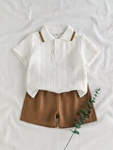 SHEIN Vintaside Kids 男嬰夏季休閒套裝，百搭組合，適合日常休閒、公園散步 - 卡其色 - 查看 3
