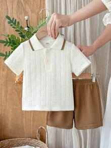 SHEIN Vintaside Kids 男嬰夏季休閒套裝，百搭組合，適合日常休閒、公園散步 - 卡其色 - 查看 5