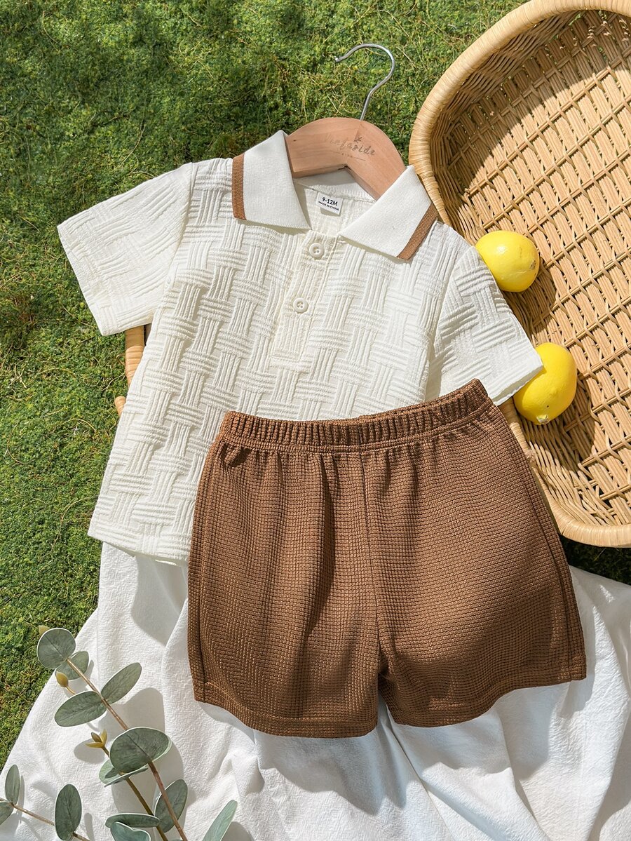 SHEIN Vintaside Kids 男嬰夏季休閒套裝，百搭組合，適合日常休閒、公園散步 - 卡其色 - 查看 1