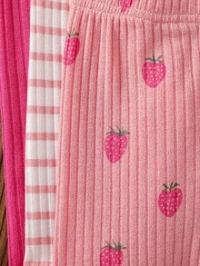 SHEIN Playful Pals 3件組女嬰可愛粉色秋季針織燈芯絨彈性長褲 休閒度假打底褲 素色條紋草莓圖案 百搭 - 粉色 - 查看 6