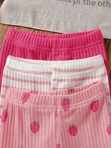 SHEIN Playful Pals 3件組女嬰可愛粉色秋季針織燈芯絨彈性長褲 休閒度假打底褲 素色條紋草莓圖案 百搭 - 粉色 - 查看 7