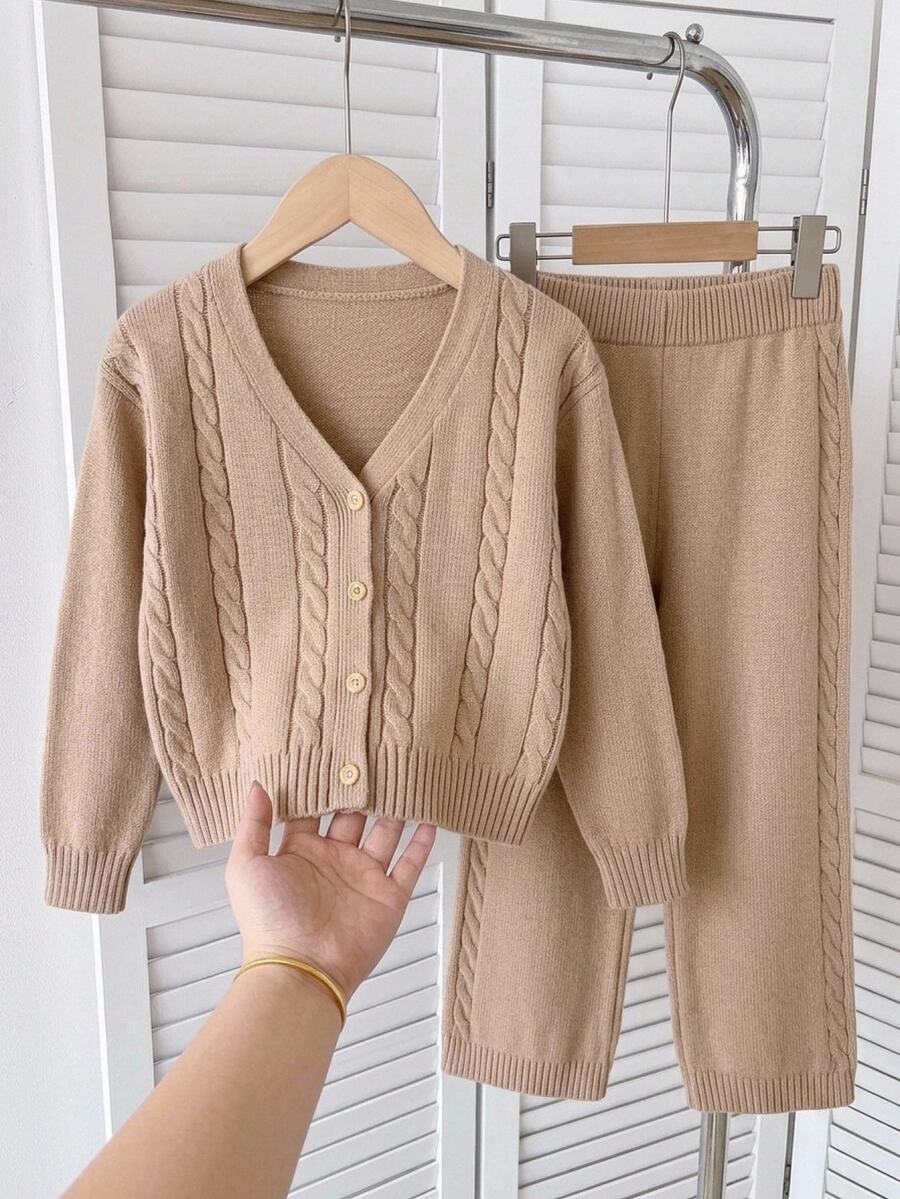 Young Girl Cable Texture Long Sleeve Cardigan & Pants Knit Set Suitable For Autumn/Winter,Back To School Clothes Girls Pullover - Khaki - View 1