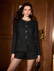 MOTF PREMIUM FASHIONABLE ELEGANT COMMUTER GOLD WIRE WOVEN LONG SLEEVE ROUND NECK WOMEN'S JACKET - Black - View 3
