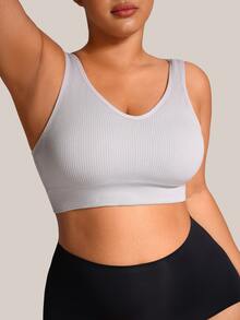 Barelissa 1pc Plus Size Seamless Ribbed V-Neck Sports Bra, Wireless Push-Up Backless Tank Top Style - Light Grey - View 8