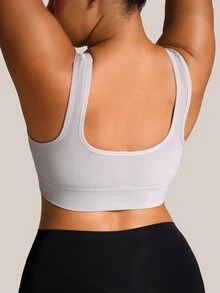 Barelissa 1pc Plus Size Seamless Ribbed V-Neck Sports Bra, Wireless Push-Up Backless Tank Top Style - Light Grey - View 3