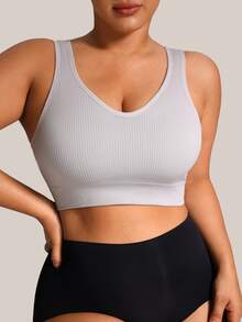 Barelissa 1pc Plus Size Seamless Ribbed V-Neck Sports Bra, Wireless Push-Up Backless Tank Top Style - Light Grey - View 4