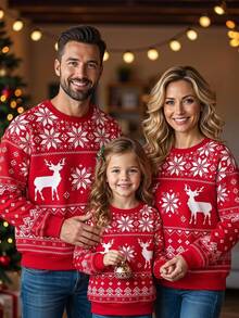 SHEIN [Excl, Baby & Kids]Christmas Style Regular Fit Men's Crew Neck Pullover Sweatshirt With Thermal Lined - Red - View 1