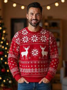SHEIN [Excl, Baby & Kids]Christmas Style Regular Fit Men's Crew Neck Pullover Sweatshirt With Thermal Lined - Red - View 4