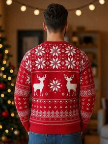 SHEIN [Excl, Baby & Kids]Christmas Style Regular Fit Men's Crew Neck Pullover Sweatshirt With Thermal Lined - Red - View 3