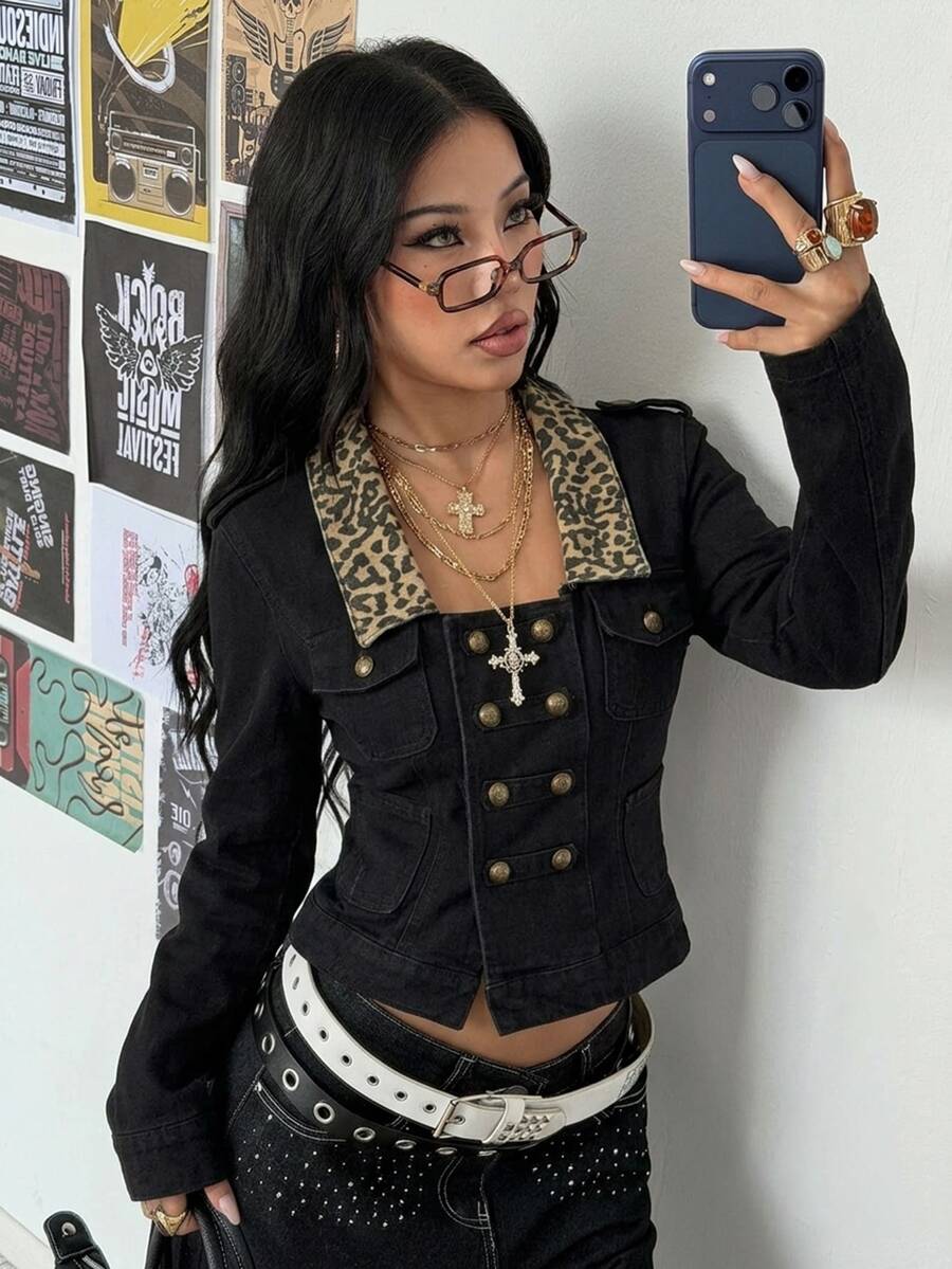 StreetHx Fashion Casual Streetwear Street Style Napoleon Vintage Palace Style Button-Up Leopard Print Patchwork Denim Jacket Night Out Black And White Autumn - Black - View 1