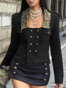 StreetHx Fashion Casual Streetwear Street Style Napoleon Vintage Palace Style Button-Up Leopard Print Patchwork Denim Jacket Night Out Black And White Autumn - Black - View 8