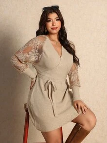 Elaquor Plus Size Women Solid Color Contrast Lace Raglan Long Sleeve Knotted Waist Elegant Knit Dress - Khaki - View 5